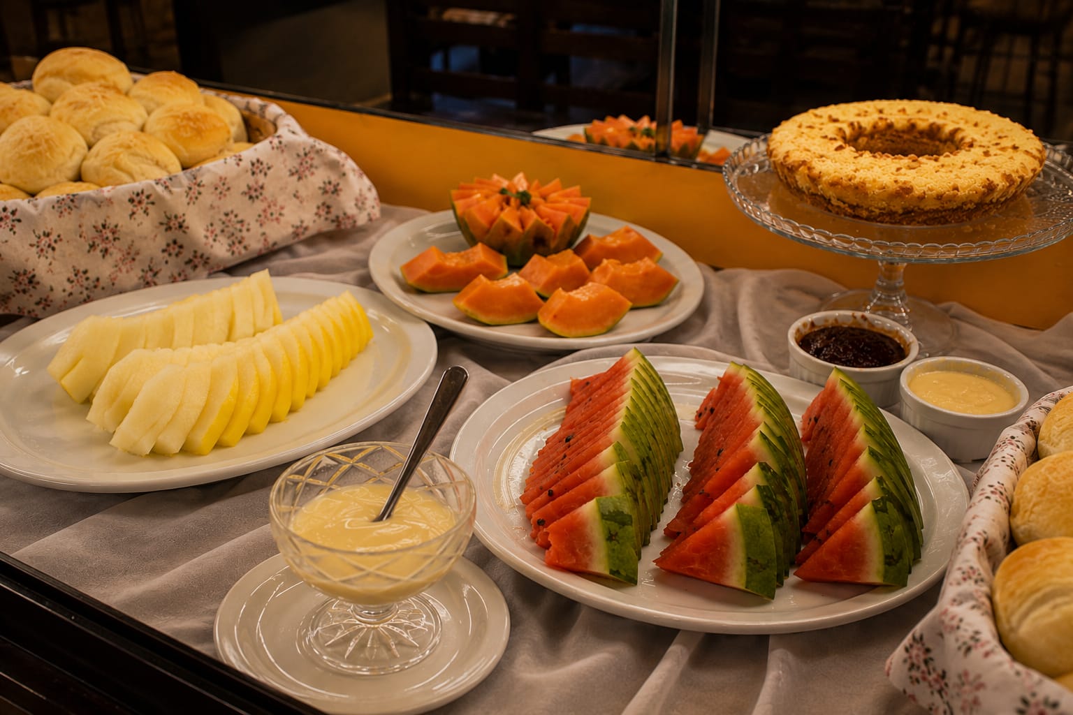 Frutas, pães, bolo e acompanhamentos no café da manhã
