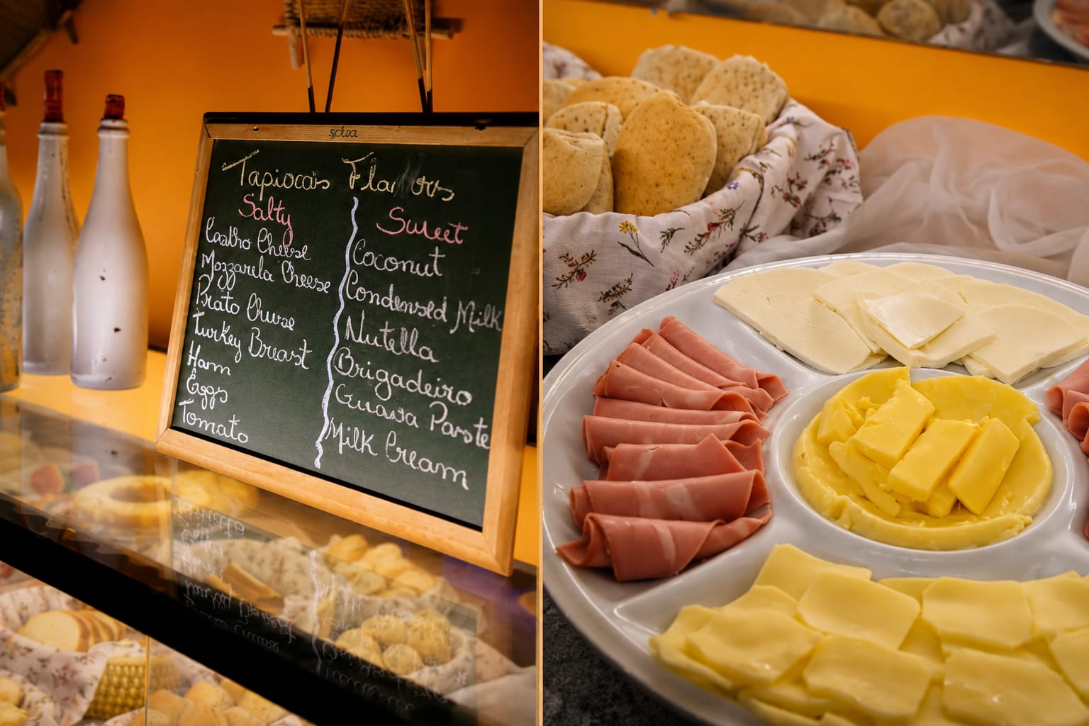 Ingredientes e opções de tapioca do café da manhã